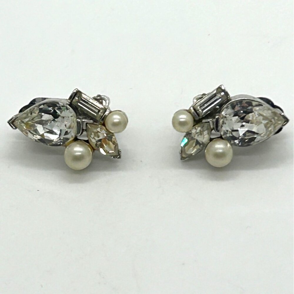 Marvella Vintage 1950s Pearl & Rhinestone Silver-Tone Clip-On Bridal Elegant - Picture 7 of 7